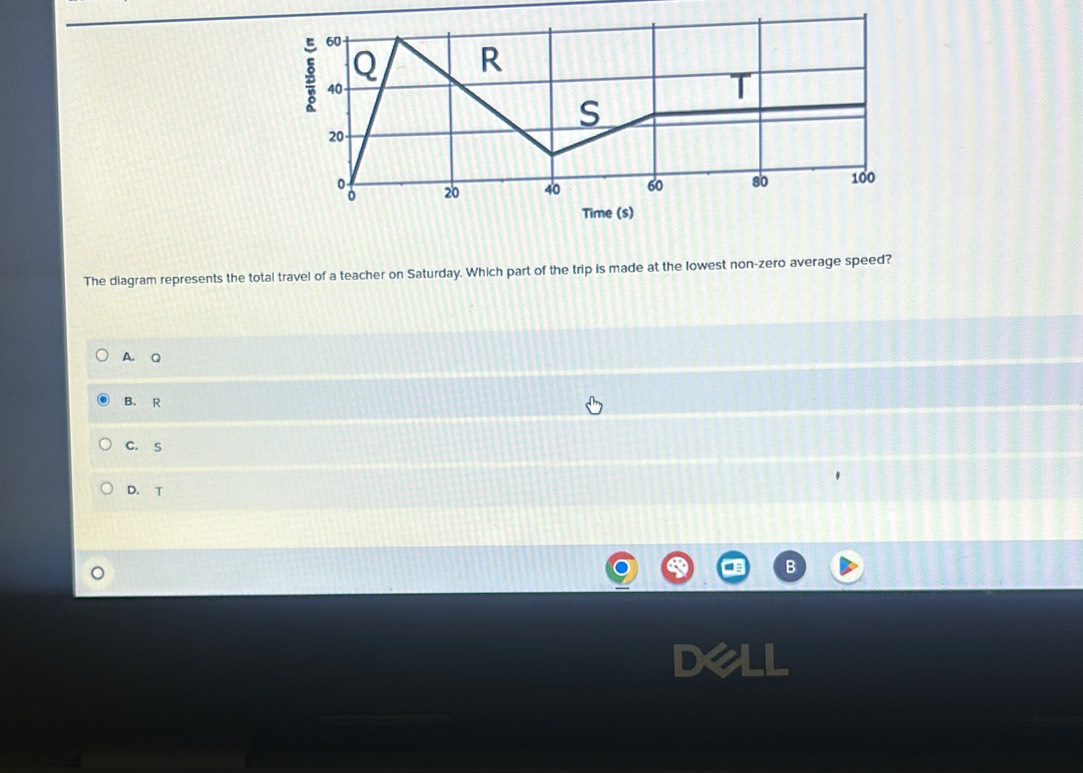 8 60
Q R
40
T
S
20
of 20 40 60 so 100
Time (s)
The diagram represents the total travel of a teacher on Saturday. Which part of the trip is made at the lowest non-zero average speed?
A. Q
B. R
C. S
D. T
B
Dell