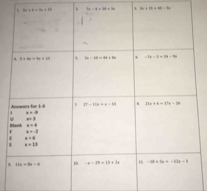 5x+6=2x+18 D. 7x-4=20+3x 3. 2x+15=43-5x
9