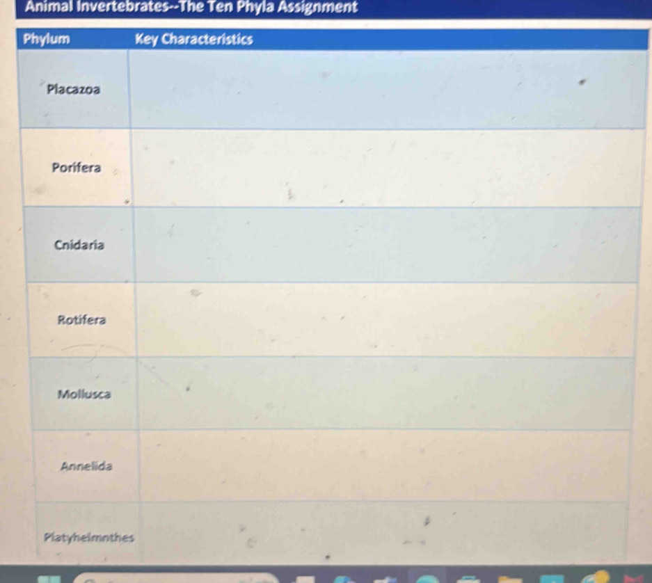 Animal Invertebrates--The Ten Phyla Assignment 
P