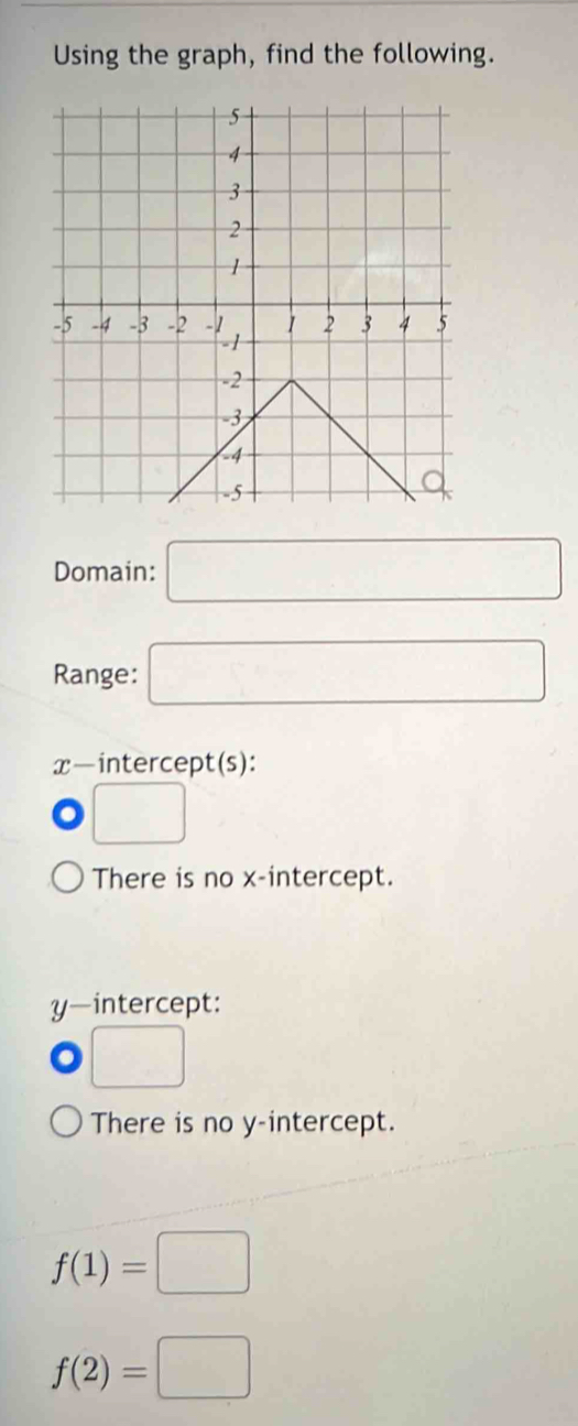 Using the graph, find the following.
Domain: □ 
Range: □
x —intercept(s):
□
There is no x-intercept.
y —intercept:
□
There is no y-intercept.
f(1)=□
f(2)=□