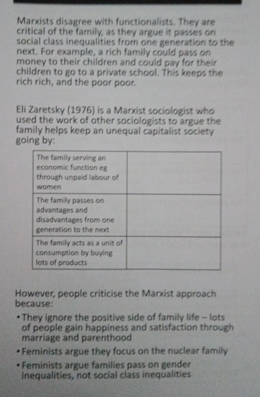 Marxists disagree with functionalists. They are
critical of the family, as they argue it passes on
social class inequalities from one generation to the
next. For example, a rich family could pass on
money to their children and could pay for their 
children to go to a private school. This keeps the
rich rich, and the poor poor.
Eli Zaretsky (1976) is a Marxist sociologist who
used the work of other sociologists to argue the
family helps keep an unequal capitalist society
going by:
However, people criticise the Marxist approach
because:
•They ignore the positive side of family life - lots
of people gain happiness and satisfaction through
marriage and parenthood
Feminists argue they focus on the nuclear family
Feminists argue families pass on gender
inequalities, not social class inequalities