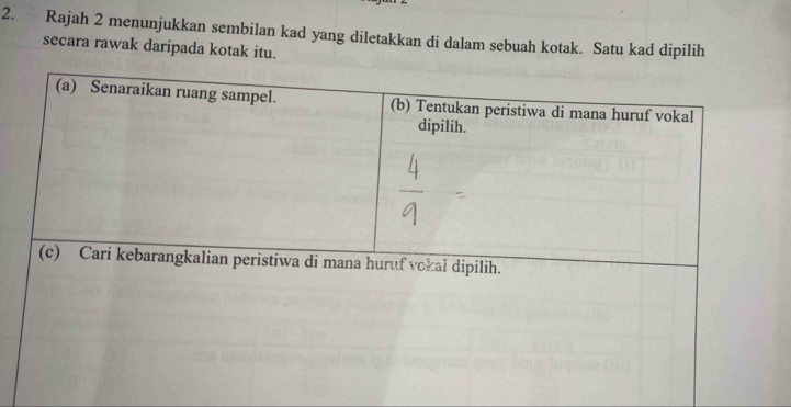 Rajah 2 menunjukkan sembilan kad yang diletakkan di dalam sebuah kotak. Satu kad dipilih 
secara rawak daripada kotak itu.