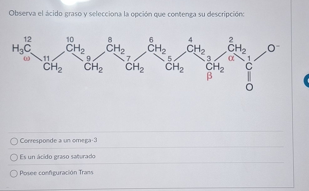 Observa el ácido graso y selecciona la opción que contenga su descripción:
Corresponde a un omega-3
Es un ácido graso saturado
Posee configuración Trans