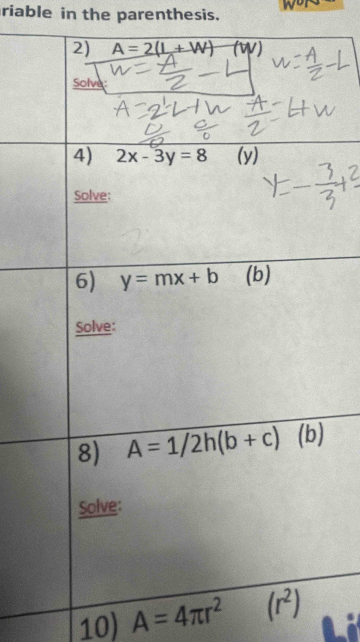 riable in the parenthesis.
wo
10) A=4π r^2