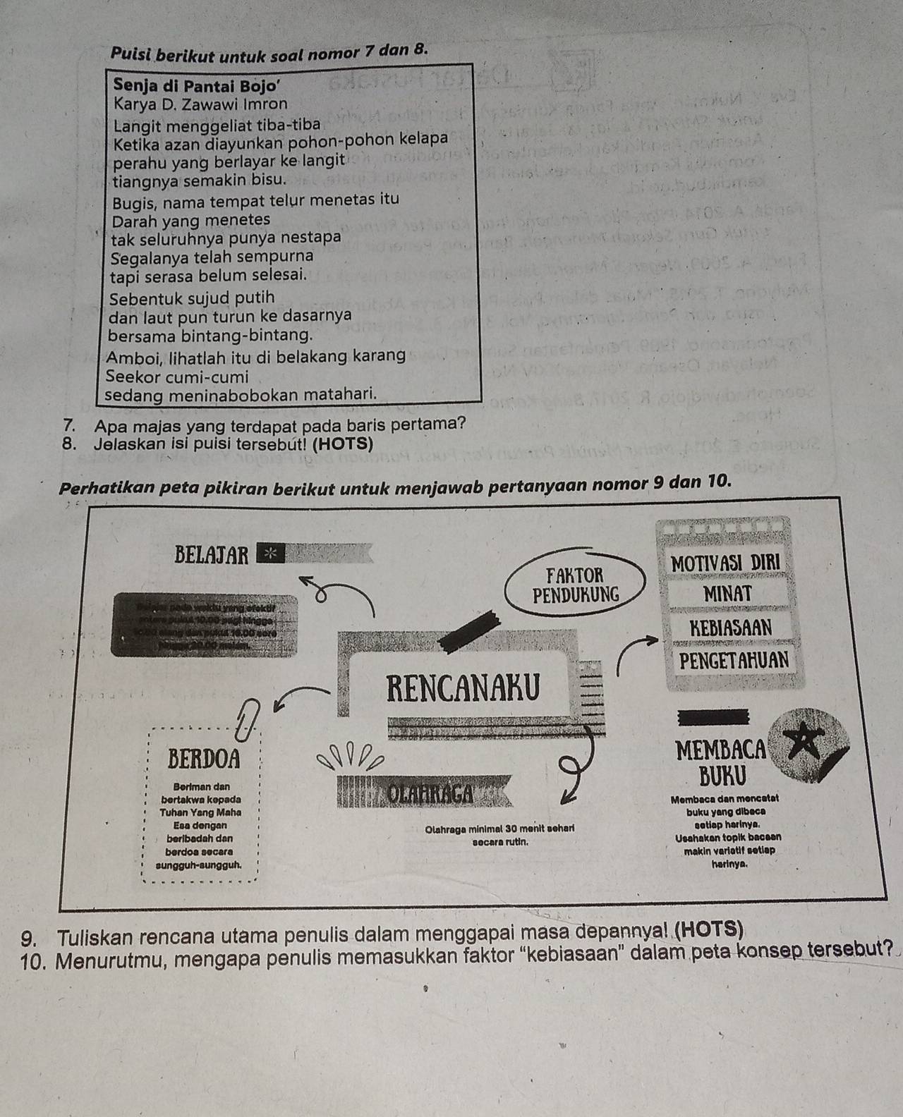 Puisi berikut untuk soal nomor 7 dan 8. 
Senja di Pantai Bojo’ 
Karya D. Zawawi Imron 
Langit menggeliat tiba-tiba 
Ketika azan diayunkan pohon-pohon kelapa 
perahu yang berlayar ke langit 
tiangnya semakin bisu. 
Bugis, nama tempat telur menetas itu 
Darah yang menetes 
tak seluruhnya punya nestapa 
Segalanya telah sempurna 
tapi serasa belum selesai. 
Sebentuk sujud putih 
dan laut pun turun ke dasarnya 
bersama bintang-bintang. 
Amboi, lihatlah itu di belakang karang 
Seekor cumi-cumi 
sedang meninabobokan matahari. 
7. Apa majas yang terdapat pada baris pertama? 
8. Jelaskan isi puisi tersebut! (HOTS) 
Perhatikan peta pikiran berikut untuk menjawab pertanyaan nomor 9 dan 10. 
9. Tuliskan rencana utama penulis dalam menggapai masa depannya! (HOTS) 
10. Menurutmu, mengapa penulis memasukkan faktor “kebiasaan” dalam peta konsep tersebut?