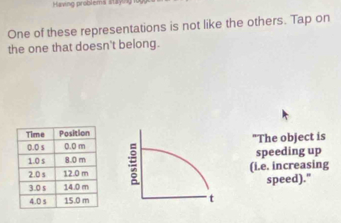 Having problems staying 
One of these representations is not like the others. Tap on 
the one that doesn't belong. 
"The object is 
speeding up 
(i.e. increasing 
speed)."