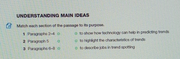 UNDERSTANDING MAIN IDEAS 
Match each section of the passage to its purpose. 
1 Paragraphs 2-4 to show how technology can help in predicting trends 
2 Paragraph 5 to highlight the characteristics of trends 
3 Paragraphs 6-8 to describe jobs in trend spotting