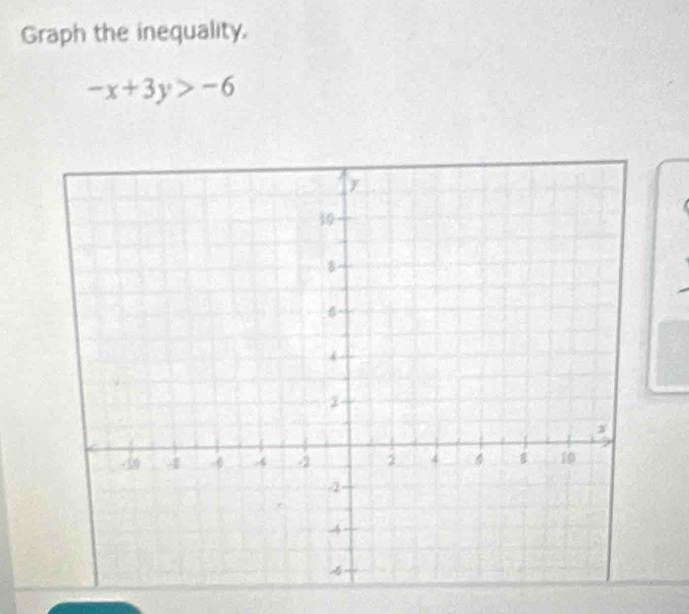 Graph the inequality.
-x+3y>-6
(