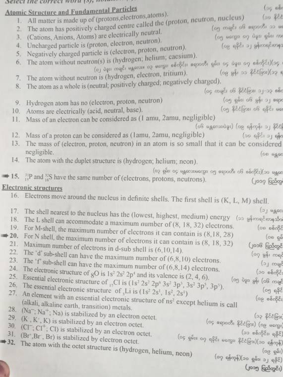 Atomic Structure and Fundamental Particles
1. All matter is made up of (protons,electrons,atoms).
2. The atom has positively charged centre called the (proton, neutron, nucleus)
3. (Cations, Anions, Atoms) are electrically neutral
4. Uncharged particle is (proton, electron, neutron).
5. Negatively charged particle is (electron, proton, neutron),
6. The atom without neutron(s) is (hydrogen; helium; caesium).
l gân nς
(oj дạn लδι ωдen ος vargn ωδलi
7. The atom without neutron is (hydrogen, electron, tritium).
8. The atom as a whole is (neutral; positively charged; negatively charged).
9. Hydrogen atom has no (electron, proton, neutron)  c o6
10. Atoms are electrically (acid, neutral, base).
11. Mass of an electron can be considered as (1 amu, 2amu, negligible)
(o6uдεosug;) (og 
12. Mass of a proton can be considered as (1amu, 2amu, negligible)
13. The mass of (electron, proton, neutron) in an atom is so small that it can be considered
negligible. (oo ug∞o
14. The atom with the duplet structure is (hydrogen; helium; neon).
15. 37° and "S have the same number of (electrons, protons, neutrons).
Electronic structures
16. Electrons move around the nucleus in definite shells. The first shell is (K, L, M) shell.
17. The shell nearest to the nucleus has the (lowest, highest, medium) energy
18. The L shell can accommodate a maximum number of (8,18,32) electrons.
19. For M-shell, the maximum number of electrons it can contain is (8,18,28)
20. For N shell, the maximum number of electrons it can contain is (8,18,32)
21. Maximum number of electrons in d-sub shell is (6,10,14).
22. The ‘d’ sub-shell can have the maximum number of (6,8,10) electrons.
23. The ‘f’ sub-shell can have the maximum number of (6,8,14) electrons.
24. The electronic structure of gO is 1s^22s^22p^4 and its valence is (2,4,6)
25. Essential electronic structure of _17CI is
26. The essential electronic structure of Li is (1s^22s^22p^63s^23p^5,3s^23p^5,3p^5). (1s^22s^1,1s^2,2s^1)
27. An element with an essential electronic structure of ns^2 except helium is call
(alkali, alkaline earth, transition) metals.
28. (Na^-;Na^+;Na) is stabilized by an electron octet.
29, (K,K°,K) is stabilized by an electron octet.
30. (Cl^-;Cl^+ ( CI) is stabilized by an electron octet.
31, (Br^(+Br,Br.Br)) is stabilized by electron octet.
32. The atom with the octet structure is (hydrogen, helium, neon) lo