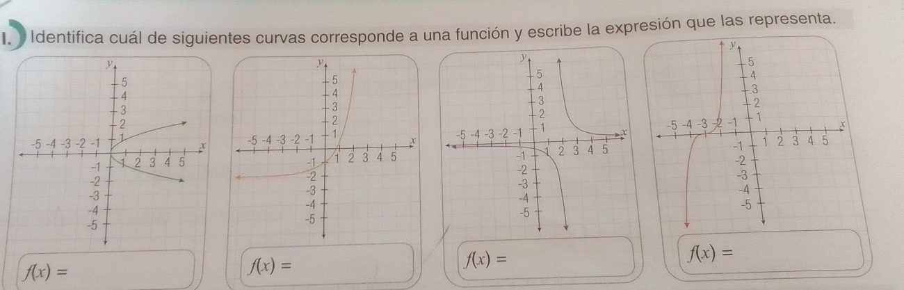 Identifica cuál de siguientes curvas corresponde a una función y escribe la expresión que las representa.
f(x)=
f(x)=
f(x)=
f(x)=