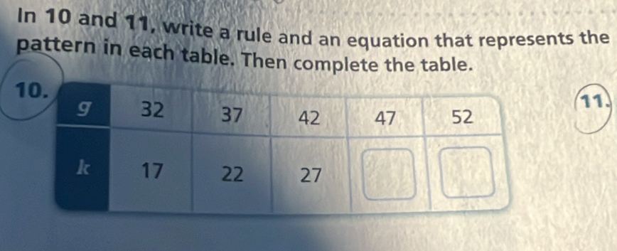 In 10 and 11, write a rule and an equation that represents the 
pattern in each table. Then complete the table. 
11