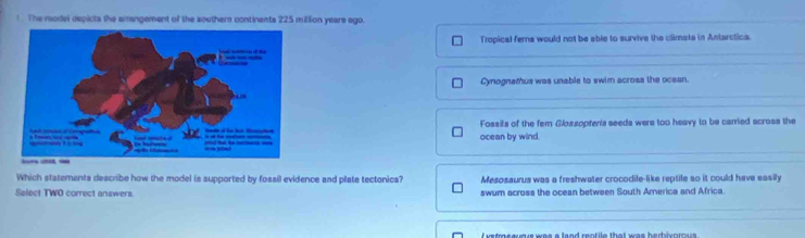 The model depicts the arrangement of the southern continents 225 million years ago.
Tropical fems would not be able to survive the climsts in Astarotics.
Cynognathus was unable to swim across the ocean.
Fossils of the fem Glossoptents seeds were too heavy to be carried across the
ocean by wind.
Which statements describe how the model is supported by fossil evidence and plate tectonics? Mesosaurus was a freshwater crocodile-like reptile so it could have easily
Select TWO correct answers. swum across the ocean between South America and Africa.