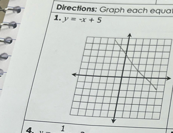 Directions: Graph each equa 
1. y=-x+5
4. 1