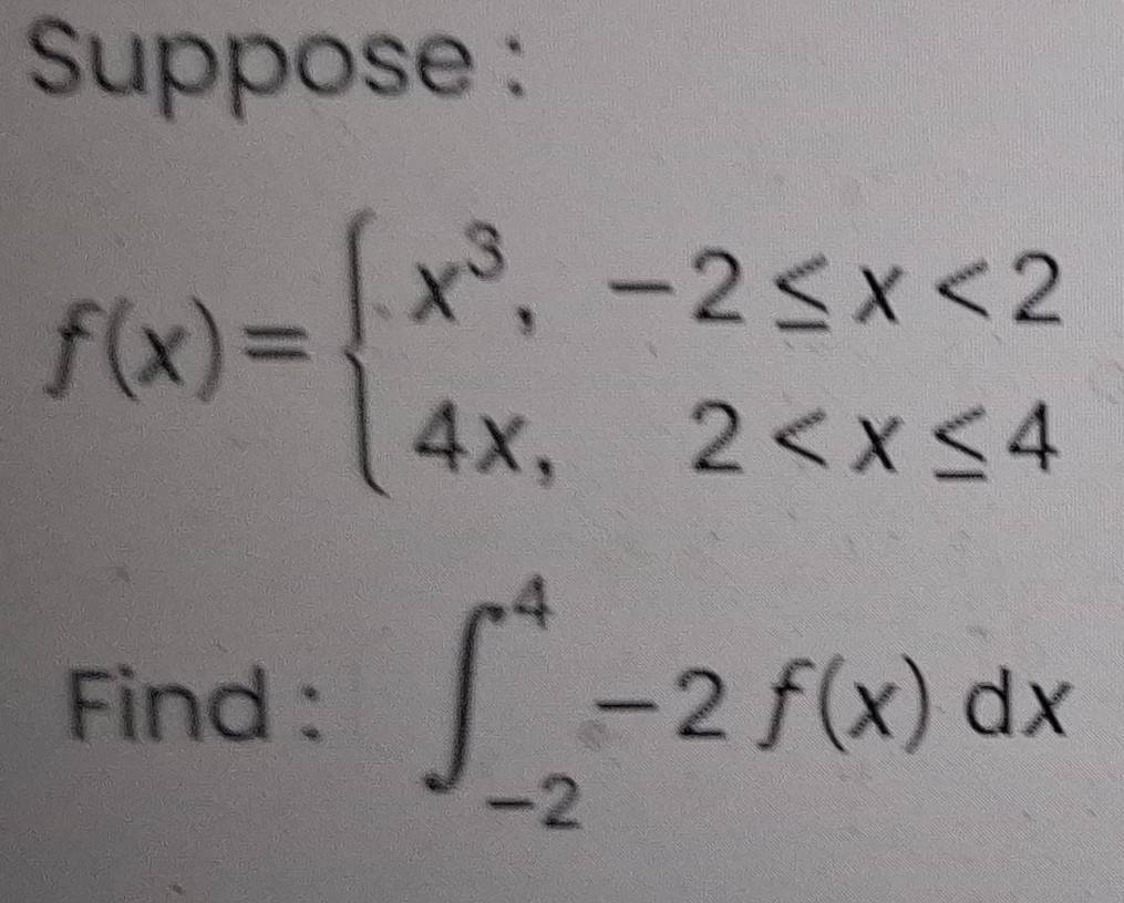 Suppose :
f(x)=beginarrayl x^3,-2≤ x<2 4x,2
Find : ∈t _(-2)^4-2f(x)dx