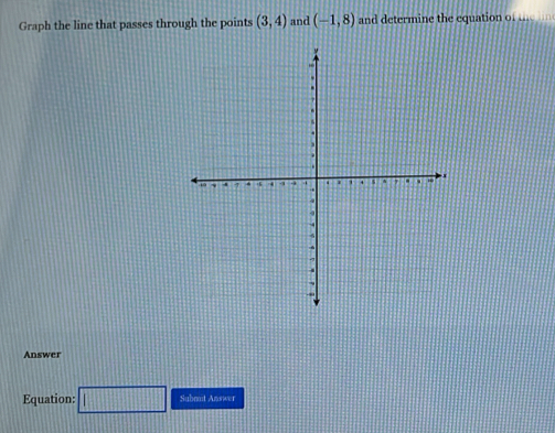 Graph the line that passes through the points (3,4) and (-1,8) and determine the equation of the 
Answer 
Equation: □ Submat Answer