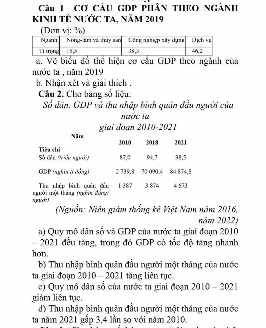 Cơ CÁU GDP PHÂN THEO NGÀNH 
kInh TÊ nƯỚc TA, năm 2019
(Đơn vị: %) 
a. Vẽ biểu đồ thể hiện cơ cầu GDP theo ngành của 
nước ta , năm 2019
b. Nhận xét và giải thích . 
Câu 2. Cho bảng số liệu: 
Số dân, GDP và thu nhập bình quân đầu người của 
nước ta 
giai đoạn 2010-2021 
Năm 
2010 2018 2021 
Tiêu chí 
Số dân (triệu người) 87, 0 94, 7 98, 5
GDP (nghìn tỉ đồng) 2 739, 8 70 090, 4 84 874, 8
Thu nhập bình quân đầu 1 387 3 874 4 673
người một tháng (nghìn đồng/ 
người) 
(Nguồn: Niên giám thống kê Việt Nam năm 2016, 
năm 2022) 
a) Quy mô dân số và GDP của nước ta giai đoạn 2010 
- 2021 đều tăng, trong đó GDP có tốc độ tăng nhanh 
hơn. 
b) Thu nhập bình quân đầu người một tháng của nước 
ta giai đoạn 2010 - 2021 tăng liên tục. 
c) Quy mô dân số của nước ta giai đoạn 2010-2021 
giảm liên tục. 
d) Thu nhập bình quân đầu người một tháng của nước 
ta năm 2021 gấp 3, 4 lần so với năm 2010.