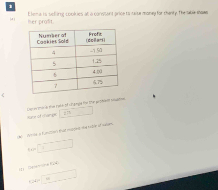 Elena is selling cookies at a constant price to raise money for charity. The table shows 
a her profit. 
Determine the rate of change for the problem situation 
Rate of change: 2.75
(b) Write a function that models the table of values.
f(x)=□
(c) Determine f(24)
f(24)=66