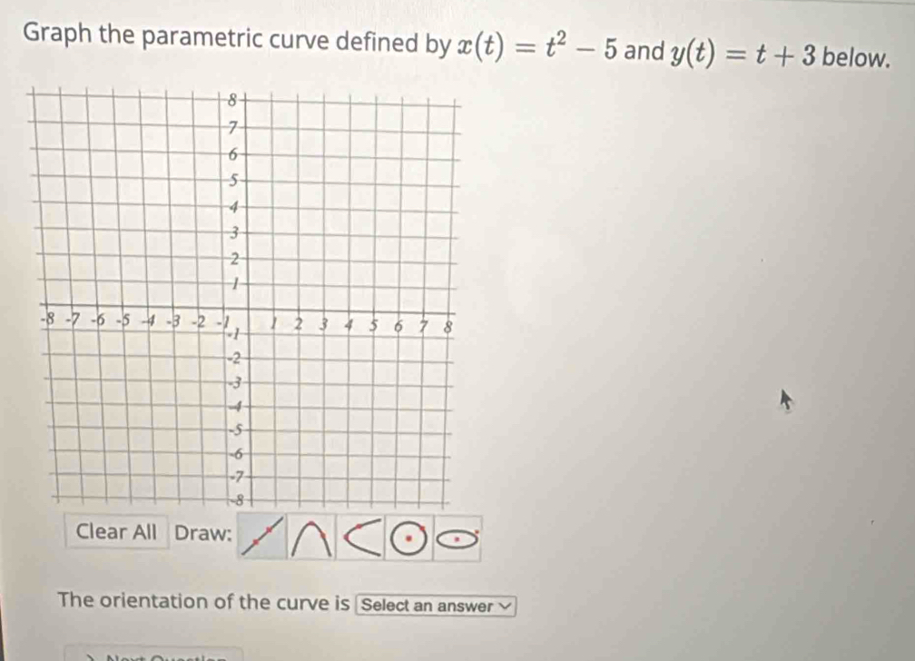 Graph the parametric curve defined by x(t)=t^2-5 and y(t)=t+3 below. 
Clear All Draw: 
The orientation of the curve is Select an answer ≌