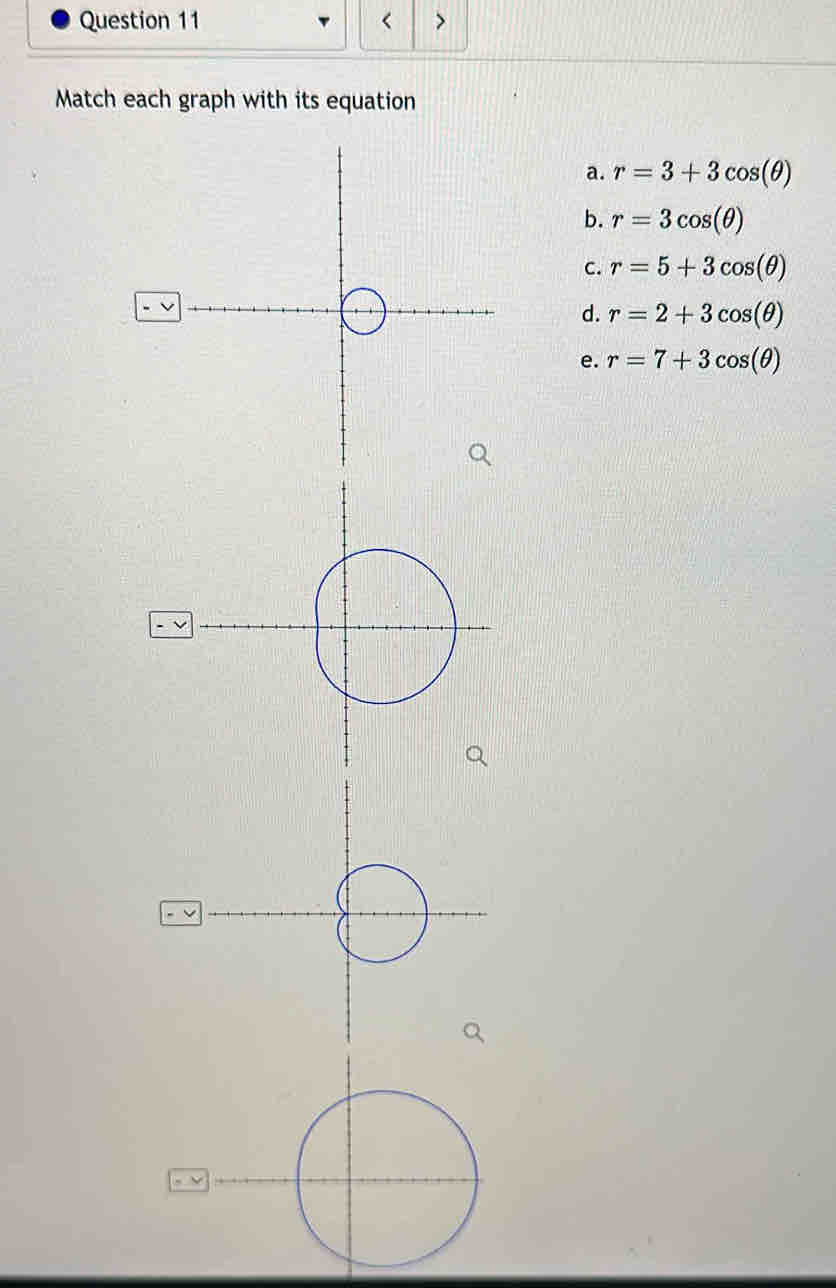 < >
Match each graph with its equation
a. r=3+3cos (θ )
b. r=3cos (θ )
C. r=5+3cos (θ )
d. r=2+3cos (θ )
e. r=7+3cos (θ )