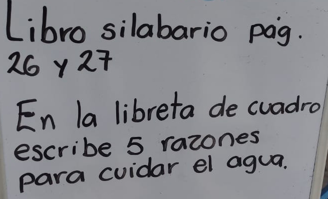 Libro silabario pag. 
26y27 
En la libreta de cuadro 
escribe 5 razones 
para cuidar el agua.