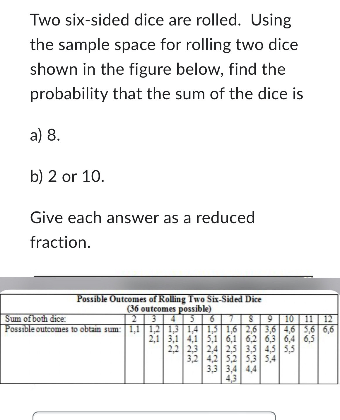 Two six-sided dice are rolled. Using 
the sample space for rolling two dice 
shown in the figure below, find the 
probability that the sum of the dice is 
a) 8. 
b) 2 or 10. 
Give each answer as a reduced 
fraction. 
Possible Outcomes of Rolling Two Six-Sided Dice