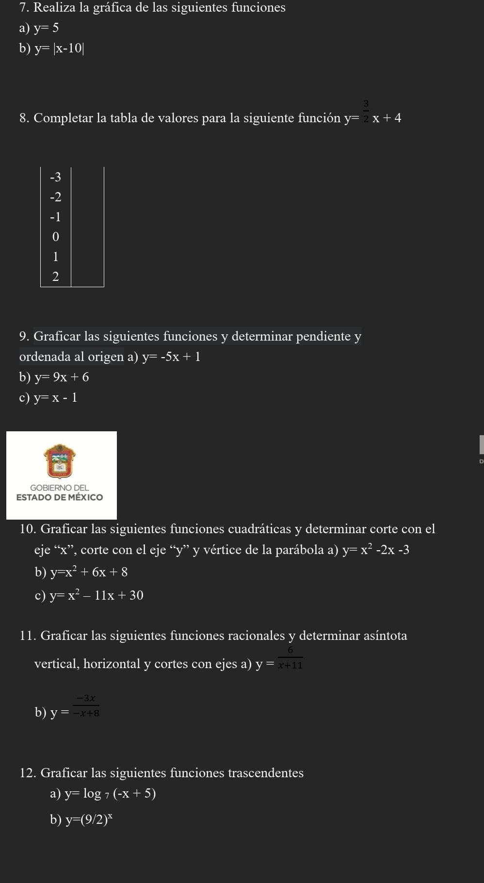 Realiza la gráfica de las siguientes funciones
a) y=5
b) y=|x-10|
8. Completar la tabla de valores para la siguiente función y= 3/2 x+4
-3
-2
-1
0
1
2
9. Graficar las siguientes funciones y determinar pendiente y
ordenada al origen a) y=-5x+1
b) y=9x+6
c) y=x-1
GOBIERNO DEL
EStADO DE México
10. Graficar las siguientes funciones cuadráticas y determinar corte con el
eje “ x ”, corte con el eje “ y ” y vértice de la parábola a) y=x^2-2x-3
b) y=x^2+6x+8
c) y=x^2-11x+30
11. Graficar las siguientes funciones racionales y determinar asíntota
vertical, horizontal y cortes con ejes a) y= 6/x+11 
b) y= (-3x)/-x+8 
12. Graficar las siguientes funciones trascendentes
a) y=log _7(-x+5)
b) y=(9/2)^x