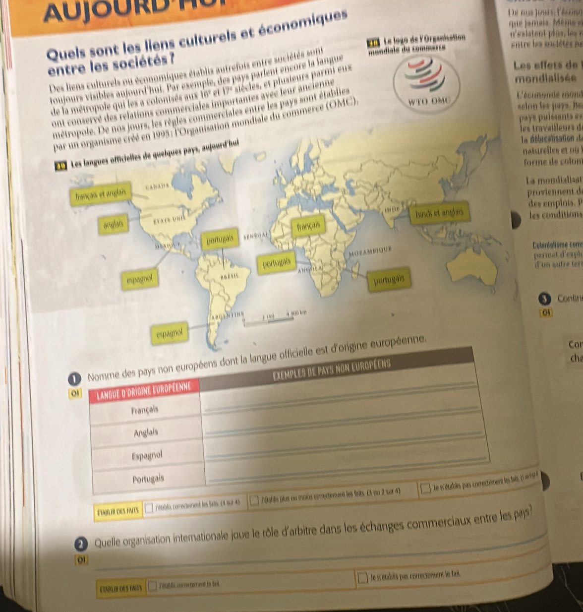 A 
ques 
Để nys jưun 
mais. Méms 
effets de 
ndialisée 
ononde mond 
on les pays. Bs 
travailleurs d 
délu calisation de 
orme de colon 
a mondialisst 
proient 
des emp íoi 
les conditions 
Coloniatisme com 
permet d'ea ph 
'un a fre 
Contin 
o1 
Nomme des pays non européens dont la langue officielle est d'origine européenne. 
Cor 
chē 
01 Langue d'drigine européenne _Exemples de pays non européens 
Français 
Anglais 
_ 
Espagnol 
_ 
Portugais 
_ 
ÉtABlir des faits l'établis, correctement les faits. (4 sur 4) l'étabilis plus ou moins correctement les faits. (3 ou 2 sur 4) le n'établies pas comrectement les le 
2 Quelle organisation internationale joue le rôle d'arbitre dans les échanges commerciaux entre les pays 
_ 
_ 
_ 
CTAPLOB OES GUTS Fetablic comoctement to fal. Je n'établis pas correctement le far.