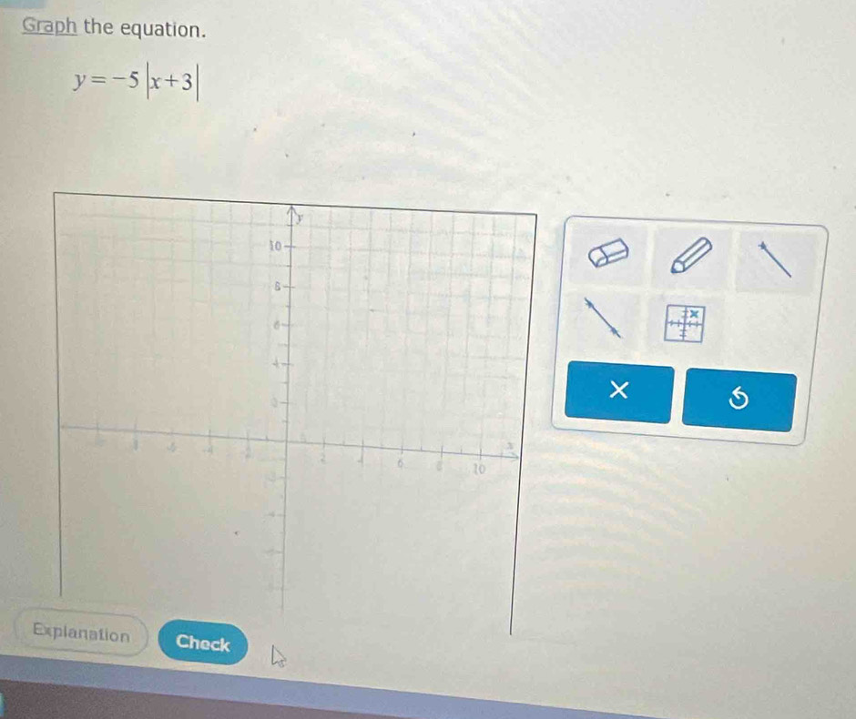 Graph the equation.
y=-5|x+3|
×