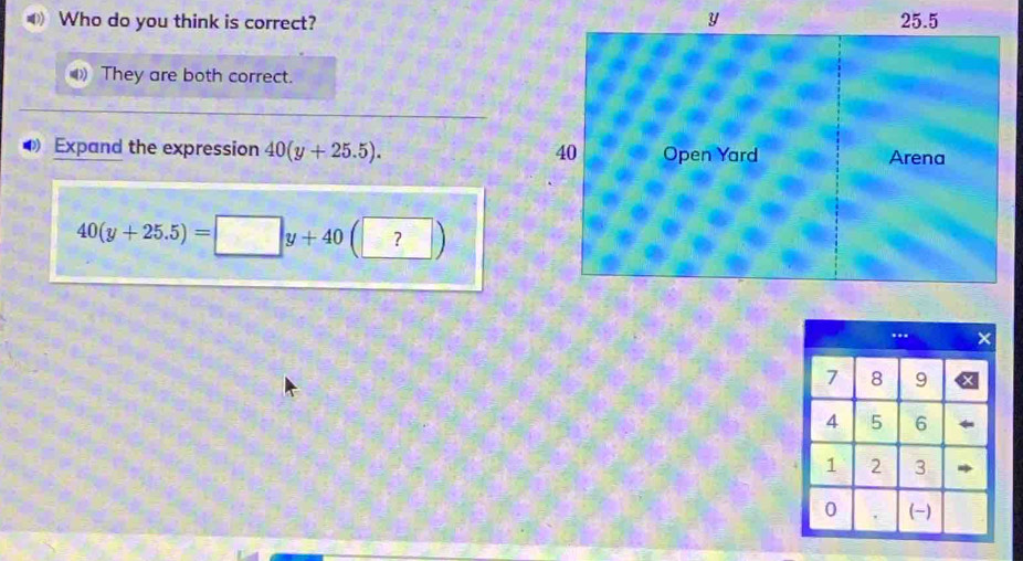 Who do you think is correct?
They are both correct.
Expand the expression 40(y+25.5).
40(y+25.5)=□ y+40(?)