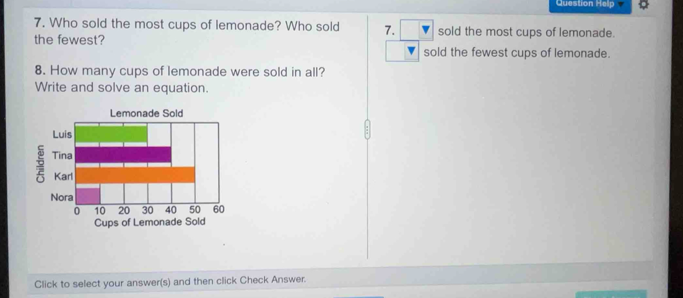 Question Help 
7. Who sold the most cups of lemonade? Who sold 7. sold the most cups of lemonade. 
the fewest? 
sold the fewest cups of lemonade. 
8. How many cups of lemonade were sold in all? 
Write and solve an equation. 
Click to select your answer(s) and then click Check Answer.