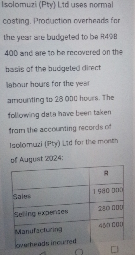 Isolomuzi (Pty) Ltd uses normal 
costing. Production overheads for 
the year are budgeted to be R498
400 and are to be recovered on the 
basis of the budgeted direct 
labour hours for the year
amounting to 28 000 hours. The 
following data have been taken 
from the accounting records of 
Isolomuzi (Pty) Ltd for the month
of August 2024: