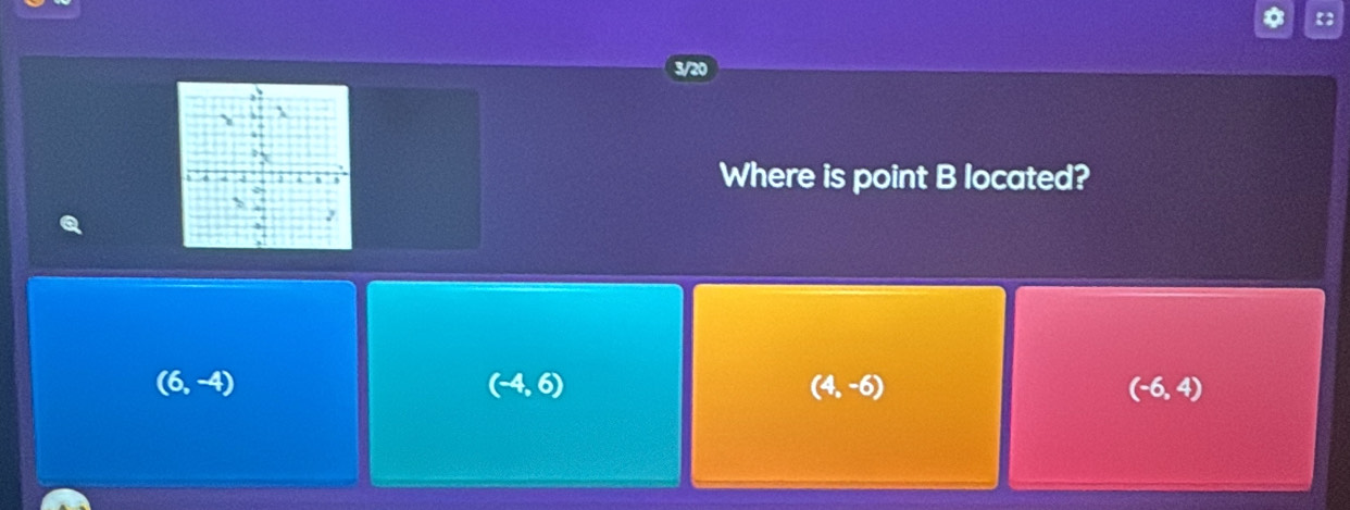 3/20
Where is point B located?
(6,-4)
(-4,6)
(4,-6)
(-6,4)