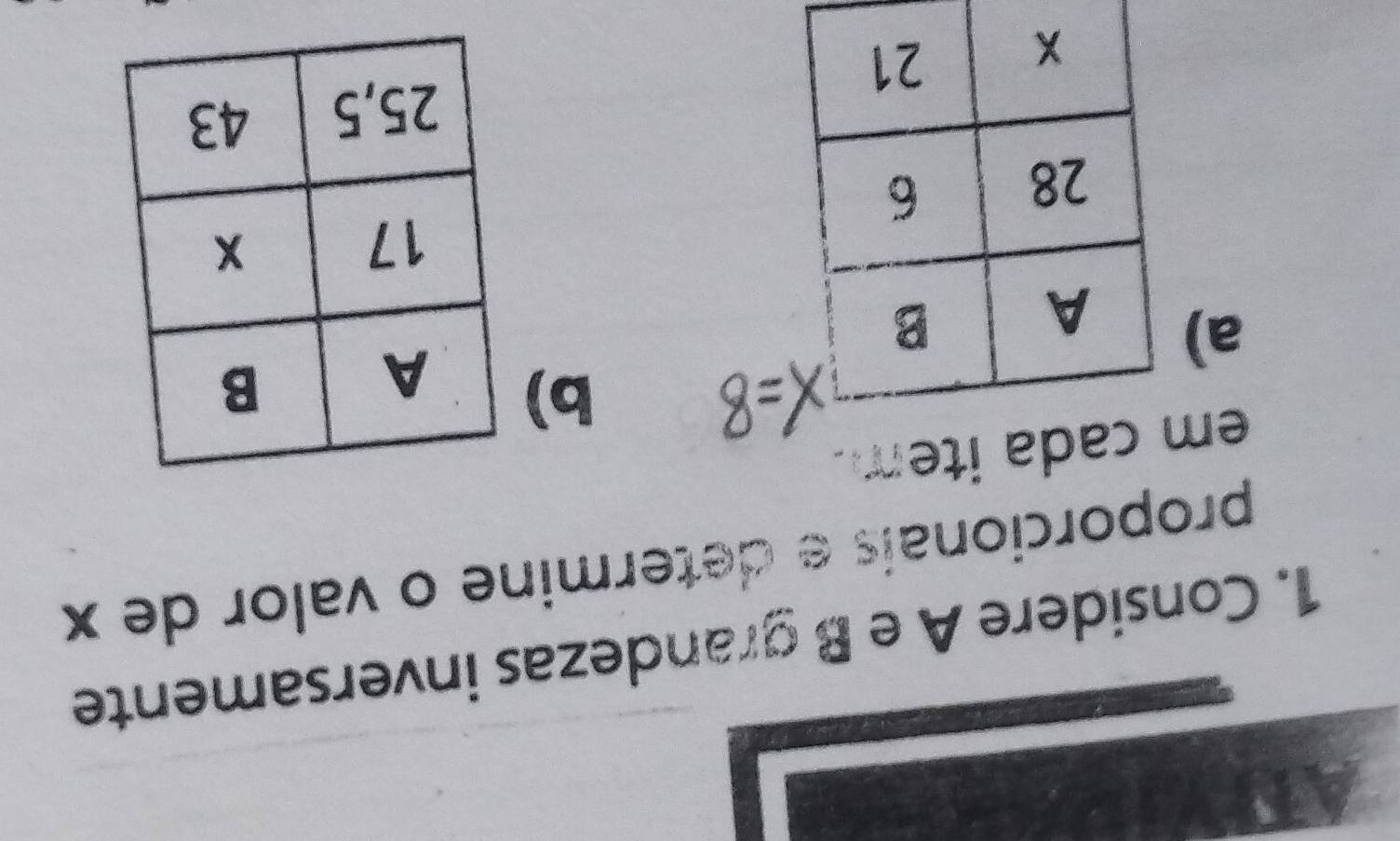 AT 
1. Considere A e B grandezas inversamente 
proporcionais e determine o valor de x
em cada item. 
b) 
a)