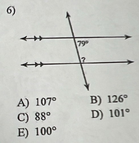 A) 107°
B) 126°
C) 88°
D) 101°
E) 100°