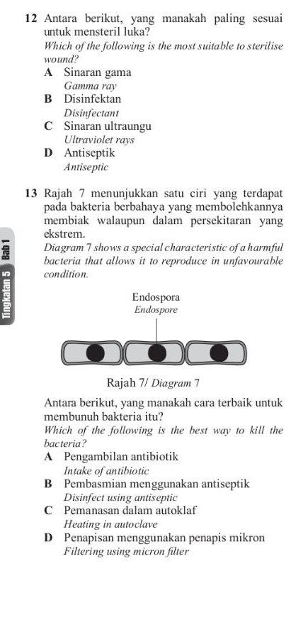 Antara berikut, yang manakah paling sesuai
untuk mensteril luka?
Which of the following is the most suitable to sterilise
wound?
A Sinaran gama
Gamma ray
B Disinfektan
Disinfectant
C Sinaran ultraungu
Ultraviolet rays
D Antiseptik
Antiseptic
13 Rajah 7 menunjukkan satu ciri yang terdapat
pada bakteria berbahaya yang membolehkannya
membiak walaupun dalam persekitaran yang
ekstrem.
Diagram 7 shows a special characteristic of a harmful
bacteria that allows it to reproduce in unfavourable
condition.
Antara berikut, yang manakah cara terbaik untuk
membunuh bakteria itu?
Which of the following is the best way to kill the
bacteria?
A Pengambilan antibiotik
Intake of antibiotic
B Pembasmian menggunakan antiseptik
Disinfect using antiseptic
C Pemanasan dalam autoklaf
Heating in autoclave
D Penapisan menggunakan penapis mikron
Filtering using micron filter