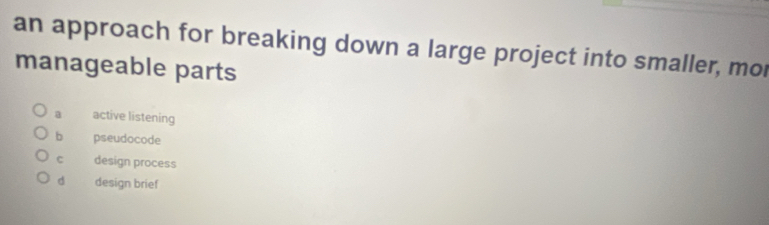 an approach for breaking down a large project into smaller, mor
manageable parts
a active listening
bì pseudocode
c design process
d design brief