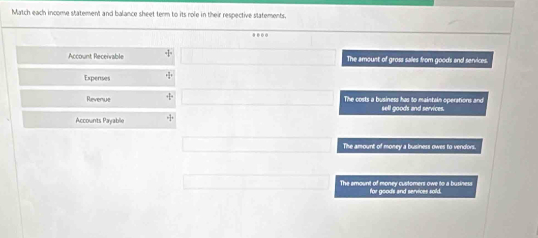 Match each income statement and balance sheet term to its role in their respective statements.
Account Receivable + 7/4 + The amount of gross sales from goods and services.
Expenses
+ 1/6 +
+ 9/4 =
Revenue The costs a business has to maintain operations and
sell goods and services.
Accounts Payable + 7/4 +
The amount of money a business owes to vendors.
The amount of money customers owe to a business
for goods and services sold.