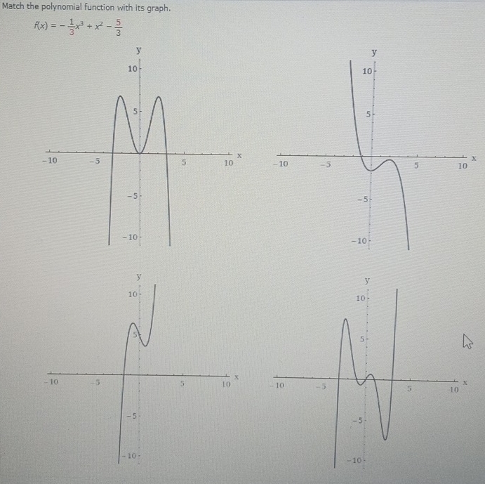 Match the polynomial function with its graph.
f(x)=- 1/3 x^3+x^2- 5/3 
x