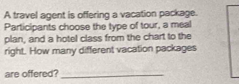 A travel agent is offering a vacation package. 
Participants choose the type of tour, a meal 
plan, and a hotel class from the chart to the 
right. How many different vacation packages 
are offered?_