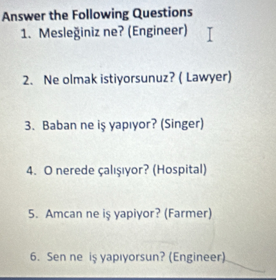 Answer the Following Questions 
1. Mesleğiniz ne? (Engineer) 
2. Ne olmak istiyorsunuz? ( Lawyer) 
3. Baban ne iş yapıyor? (Singer) 
4. O nerede çalışıyor? (Hospital) 
5. Amcan ne iş yapiyor? (Farmer) 
6. Sen ne iş yapıyorsun? (Engineer)