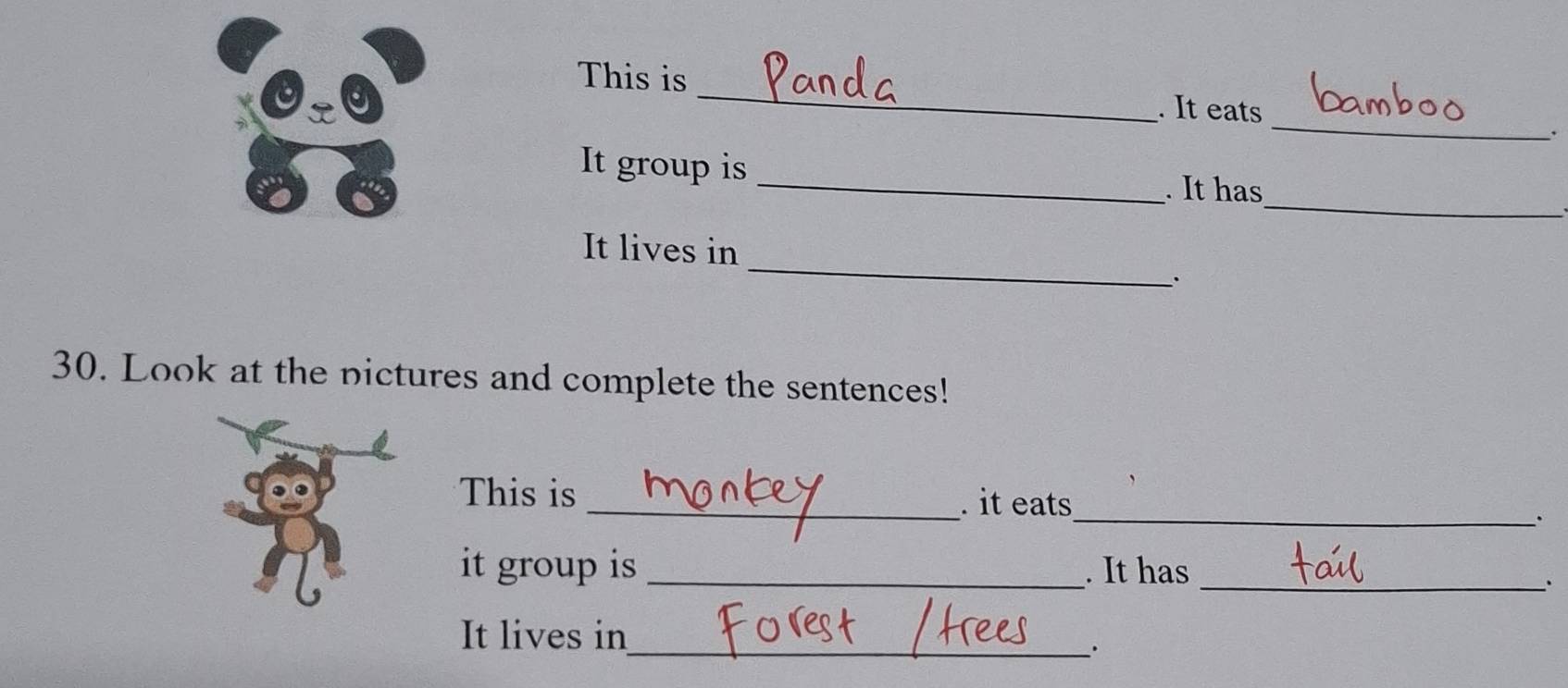 This is 
_ 
. It eats 
、 
_ 
It group is _. It has 
_ 
It lives in 
、. 
30. Look at the pictures and complete the sentences! 
_ 
This is 
_. it eats 
it group is _. It has_ 
It lives in 
__.