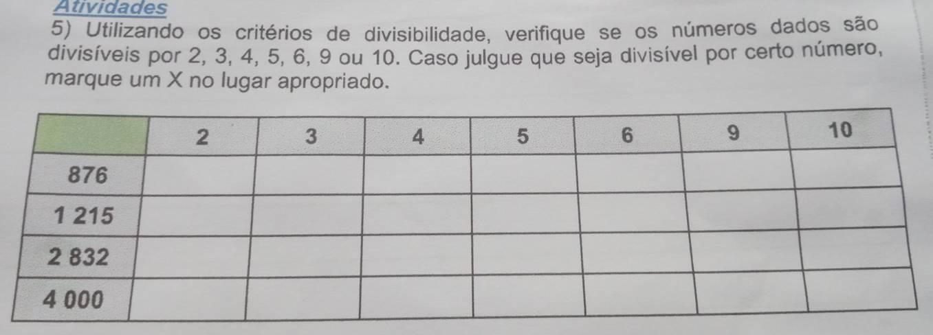 Atividades 
5) Utilizando os critérios de divisibilidade, verifique se os números dados são 
divisíveis por 2, 3, 4, 5, 6, 9 ou 10. Caso julgue que seja divisível por certo número, 
marque um X no lugar apropriado.