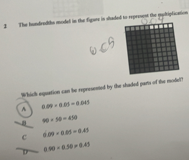 The hundredths model in the figure is shaded to represent the multiplication
Which equation can be represented by the shaded parts of the model?
A 0.09* 0.05=0.045
B 90* 50=450
c 0.09* 0.05=0.45
D 0.90* 0.50!= 0.45