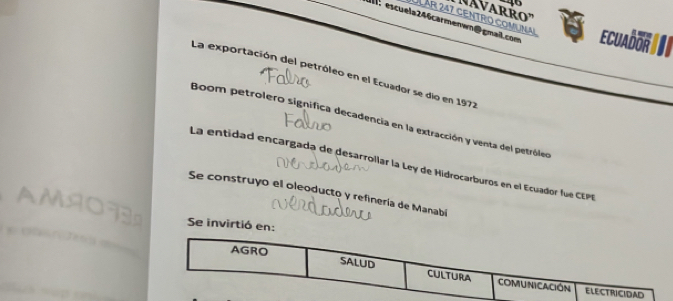 Navarro'
Lár 247 cENtro comunAl
I： escuela246carmenwn@gmail.com ECUADOR
e
La exportación del petróleo en el Ecuador se dio en 1972
Boom petrolero significa decadencia en la extracción y venta del petróleo
La entidad encargada de desarrollar la Ley de Hidrocarburos en el Ecuado fue 
Se construyo el oleoducto y refinería de Manabi
Se invirtió