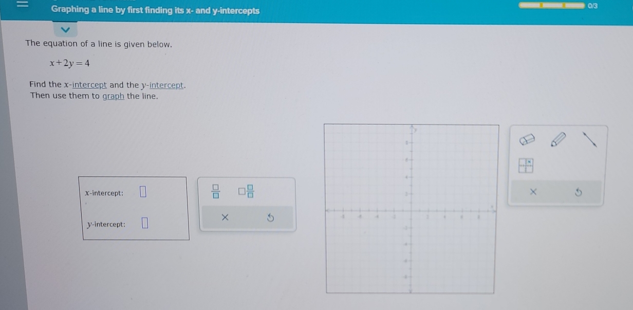 Graphing a line by first finding its x - and y-intercepts 0/3
The equation of a line is given below.
x+2y=4
Find the x-intercept and the y-intercept. 
Then use them to graph the line. 
x-intercept: □  □ /□   □  □ /□  
× 
× 
y-intercept: