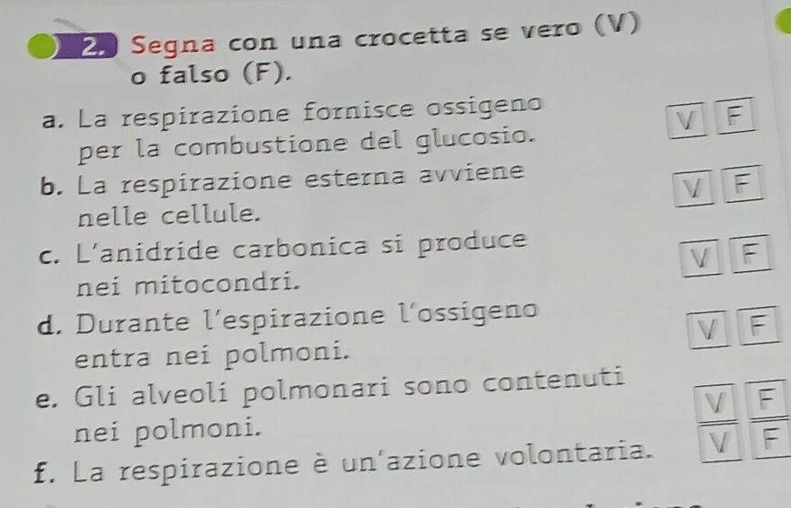 Segna con una crocetta se vero (V)
o falso (F).
a. La respirazione fornisce ossigeno
V F
per la combustione del glucosio.
b. La respirazione esterna avviene
V F
nelle cellule.
c. L'anidride carbonica si produce
V F
nei mitocondri.
d. Durante l’espirazione l'ossigeno
V F
entra nei polmoni.
e. Gli alveoli polmonari sono contenuti
√ F
nei polmoni.
f. La respirazione è un'azione volontaria. V F