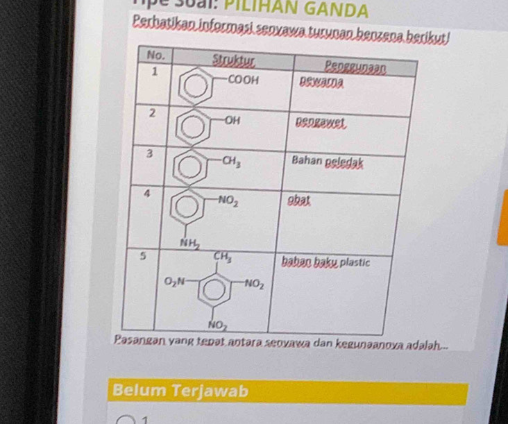 hpe Suại: PiLIHAN GANDA
Perhatikan informasi senxawa turunan henkut!
gunaanova adalah...
Belum Terjawab
1