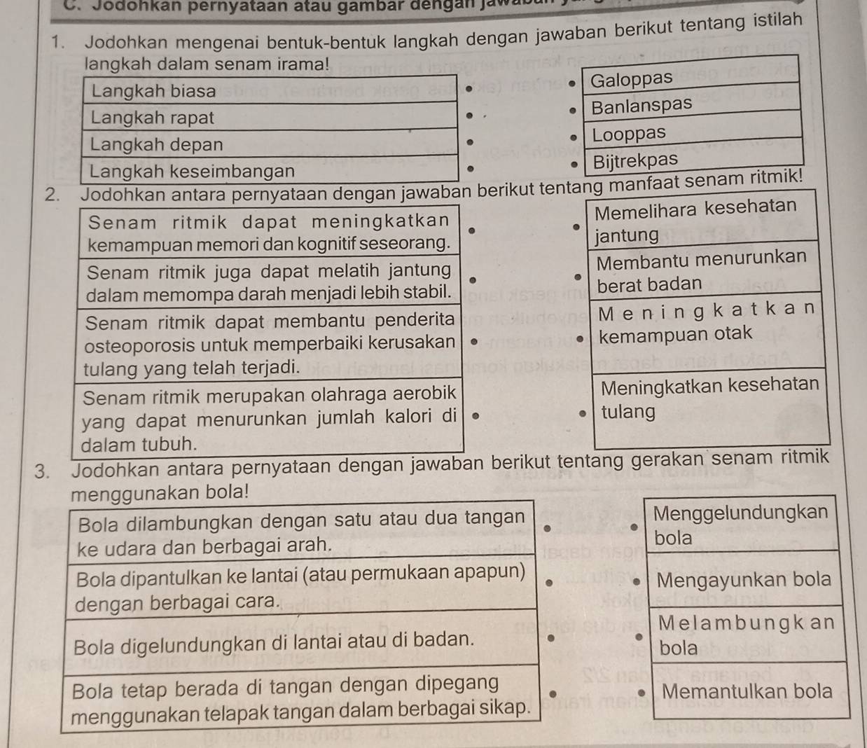 Jodohkan pernyataan atau gambar dengán jaw
1. Jodohkan mengenai bentuk-bentuk langkah dengan jawaban berikut tentang istilah
langkah dalam senam irama!
2 jawaban berikut ten







3. Jodohkan antara pernyataan dengberikut tentang gerakan sena
Menggelundungkan
bola
Mengayunkan bola
Melambungkan
bola
Memantulkan bola