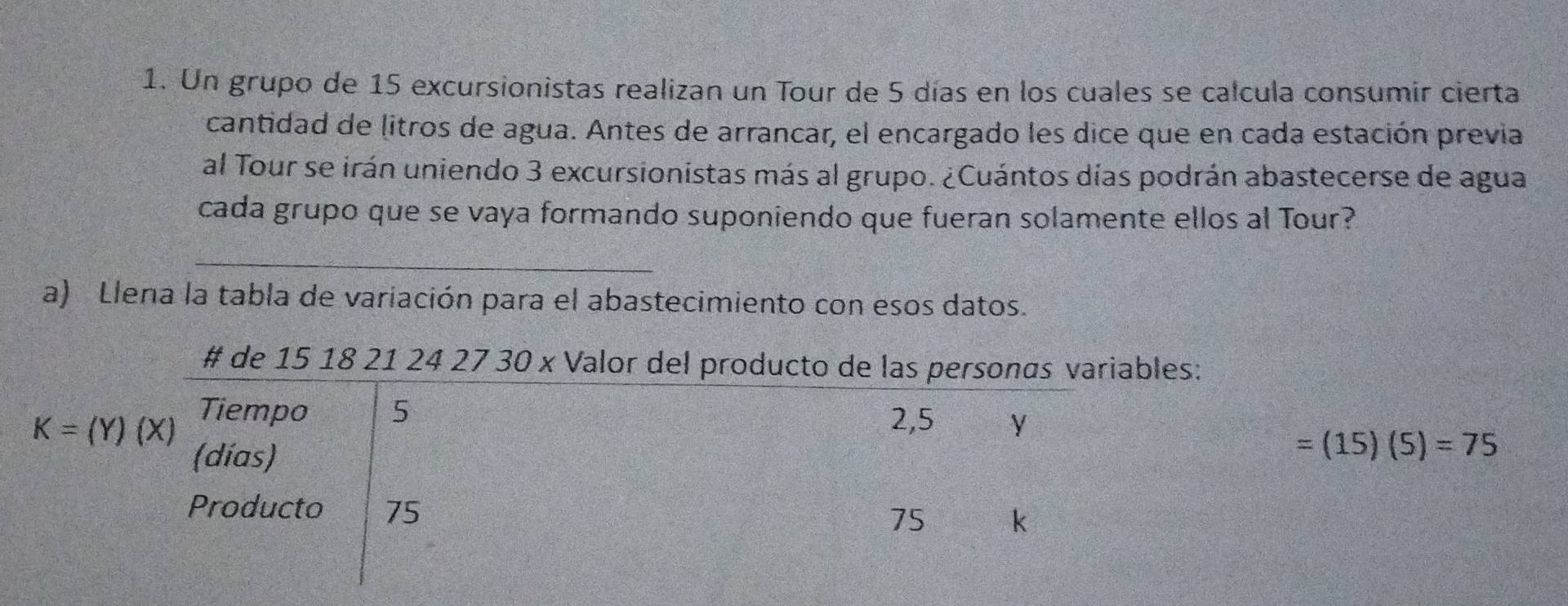 Un grupo de 15 excursionistas realizan un Tour de 5 días en los cuales se calcula consumir cierta 
cantidad de litros de agua. Antes de arrancar, el encargado les dice que en cada estación previa 
al Tour se irán uniendo 3 excursionistas más al grupo. ¿Cuántos días podrán abastecerse de agua 
cada grupo que se vaya formando suponiendo que fueran solamente ellos al Tour? 
_ 
a) Llena la tabla de variación para el abastecimiento con esos datos. 
# de 15 18 21 24 27 30 x Valor del producto de las personas variables:
K=(Y)(X) Tiempo 5 2,5
(días)
=(15)(5)=75
Producto 75
75 k