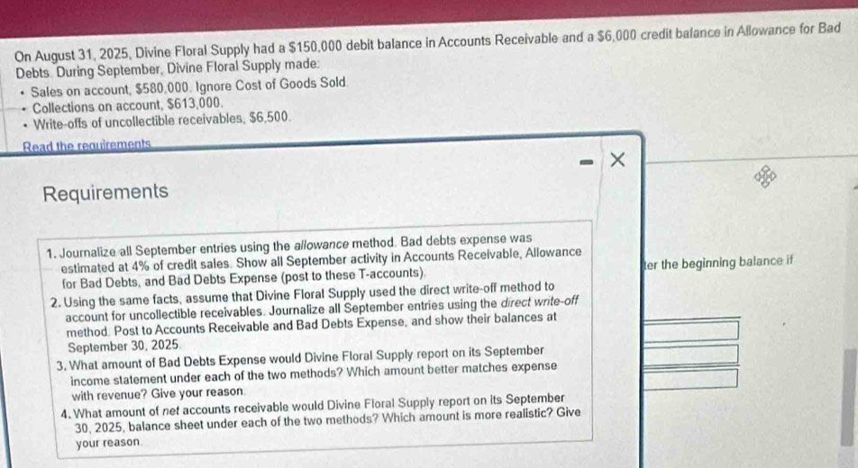 On August 31, 2025, Divine Floral Supply had a $150,000 debit balance in Accounts Receivable and a $6,000 credit balance in Allowance for Bad 
Debts. During September, Divine Floral Supply made: 
Sales on account, $580,000. Ignore Cost of Goods Sold. 
Collections on account, $613,000. 
Write-offs of uncollectible receivables, $6,500. 
Read the requirements 
× 
Requirements 
1. Journalize all September entries using the allowance method. Bad debts expense was 
estimated at 4% of credit sales. Show all September activity in Accounts Receivable, Allowance 
for Bad Debts, and Bad Debts Expense (post to these T-accounts). ter the beginning balance if 
2. Using the same facts, assume that Divine Floral Supply used the direct write-off method to 
account for uncollectible receivables. Journalize all September entries using the direct write-off 
method Post to Accounts Receivable and Bad Debts Expense, and show their balances at 
September 30, 2025 
3. What amount of Bad Debts Expense would Divine Floral Supply report on its September 
income statement under each of the two methods? Which amount better matches expense 
with revenue? Give your reason. 
4. What amount of net accounts receivable would Divine Floral Supply report on its September 
30, 2025, balance sheet under each of the two methods? Which amount is more realistic? Give 
your reason.